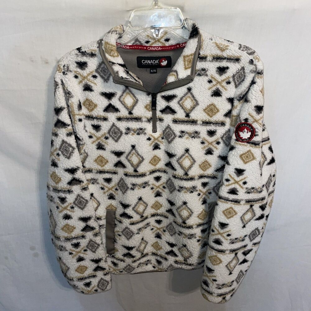 Canada Weathergear Womenâs Fleece Jacket Sz XL White Geometric Outdoors Comfort